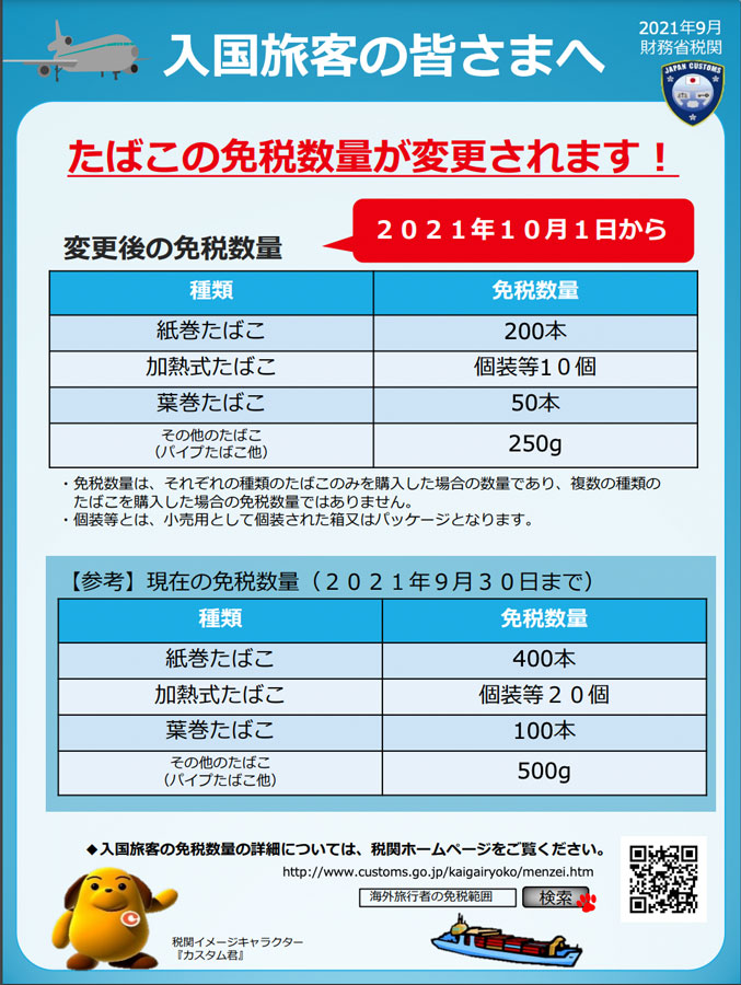 たばこの免税数量、きょうから半減　紙巻たばこは200本に