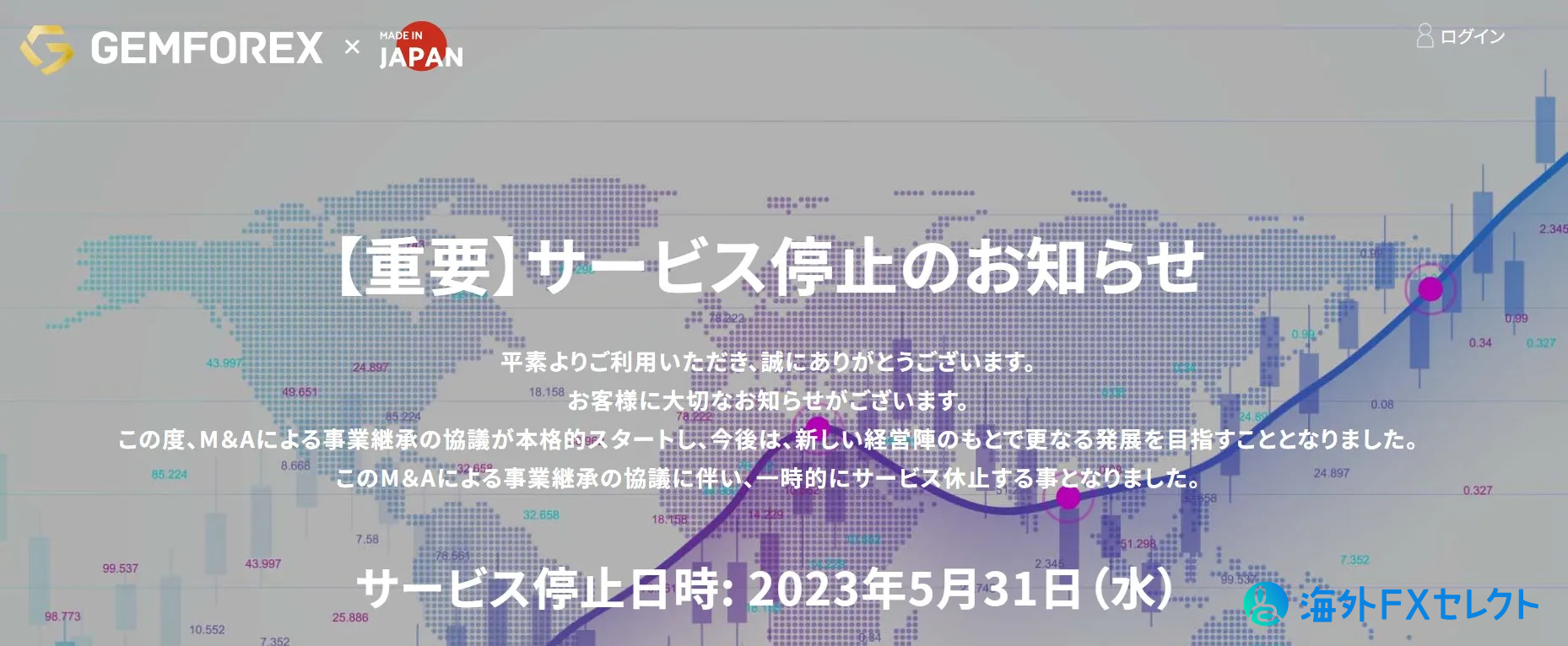 海外FX業者GEMFOREX(ゲムフォレックス)のサービス停止画面